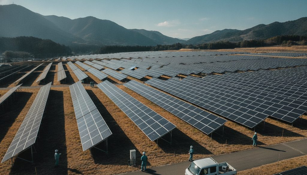 日本の田園地帯に広がる大規模な太陽光発電所