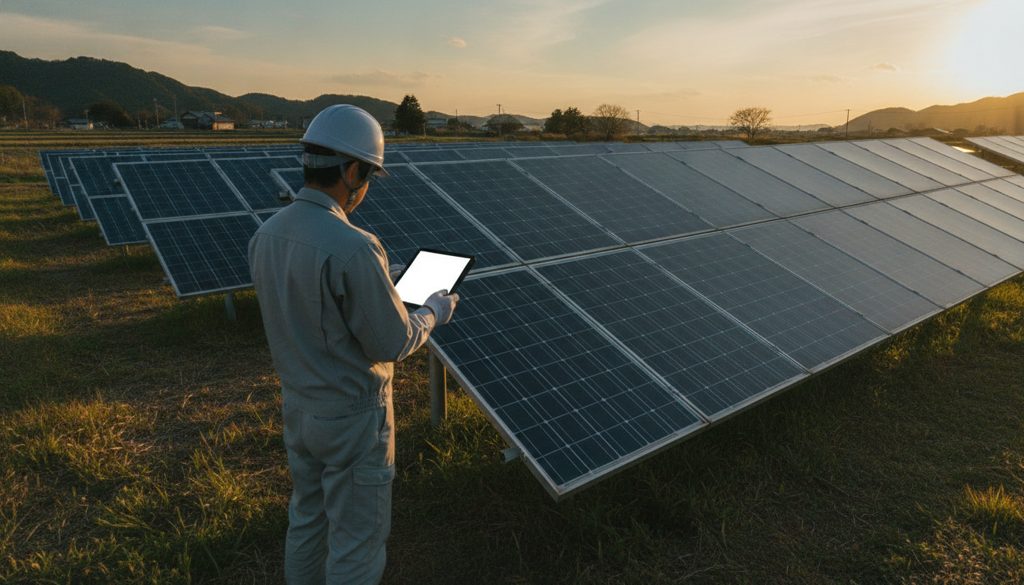 太陽光発電設備の点検を行う技術者