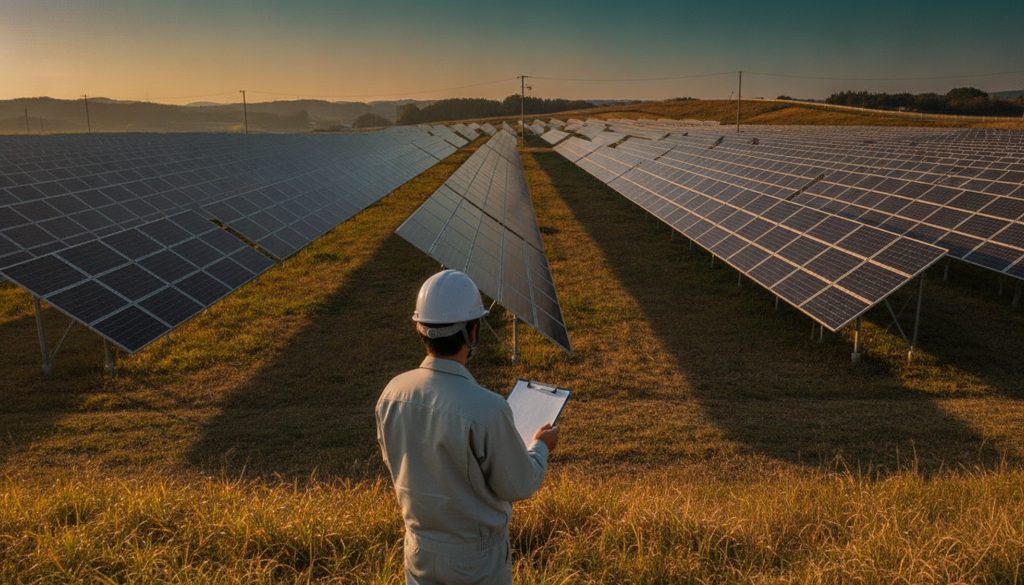 太陽光発電所の管理者が書類を確認