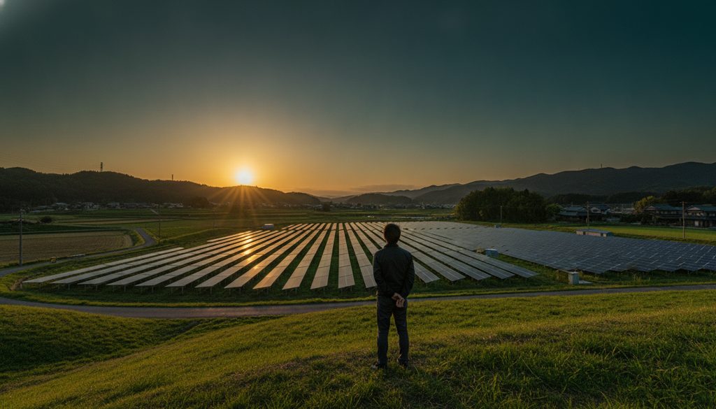 日本の田園地帯に広がる太陽光発電所を見つめる人物の背中。