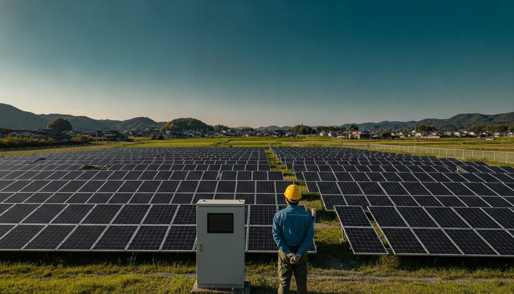 太陽光発電所の制御盤と作業員の後ろ姿