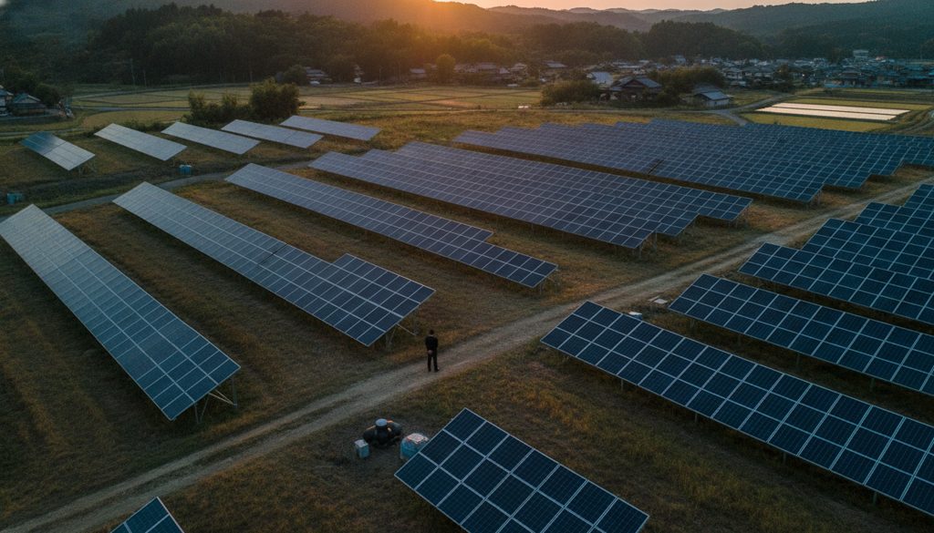夕暮れ時、広大な太陽光発電所を眺める人物