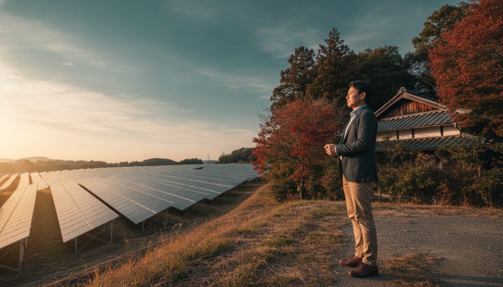 田園風景の中、太陽光発電所と住宅街を見つめる人物。