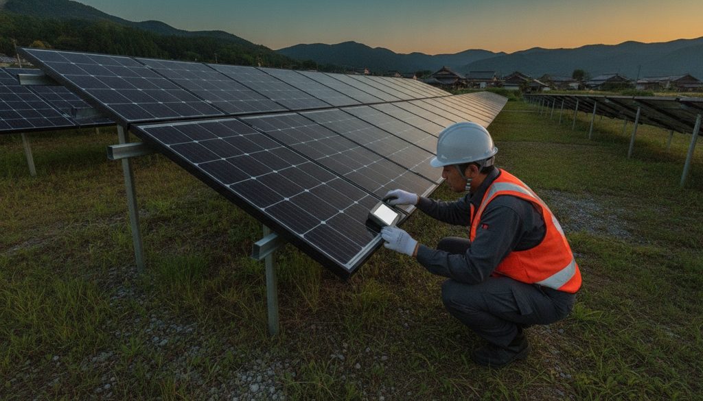 新設の太陽光発電所でパネルを点検する作業員
