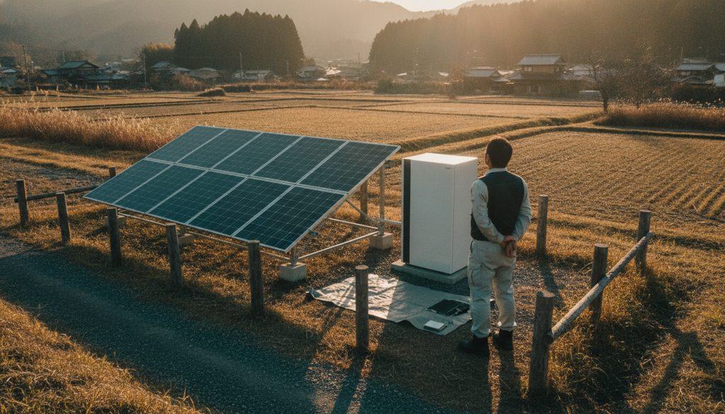 太陽光パネルと蓄電池を眺める人