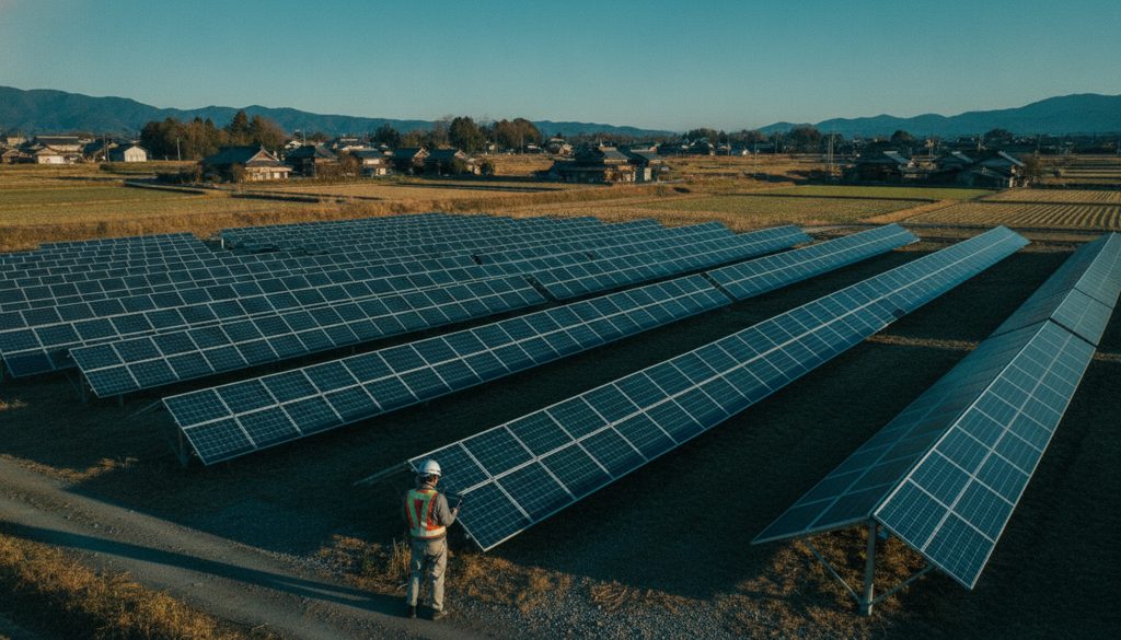 日本の野立て太陽光発電所を視察する人物