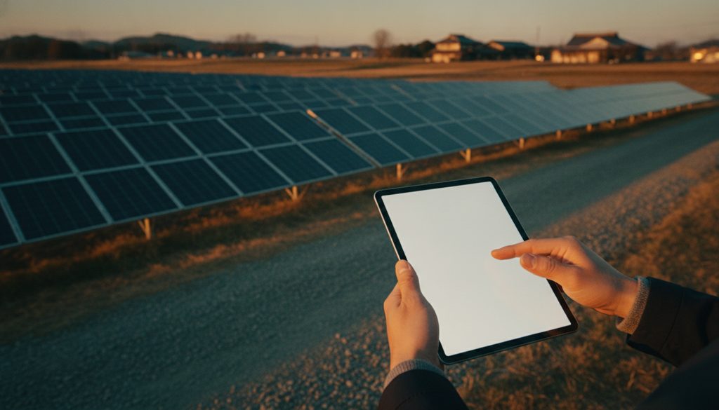 太陽光パネルのそばで、タブレットで契約内容を確認する人物の手元