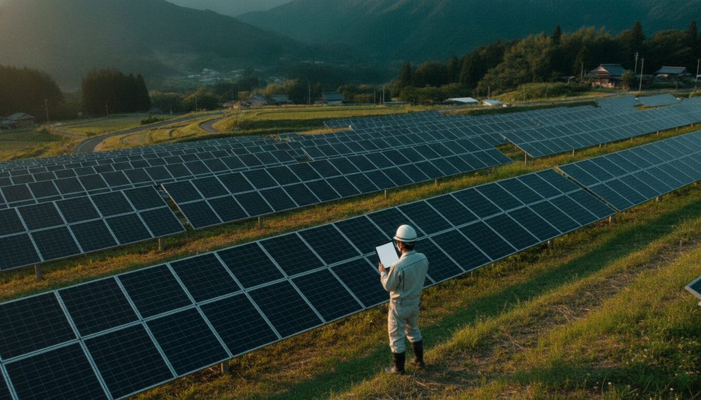 太陽光発電所を巡回する作業員