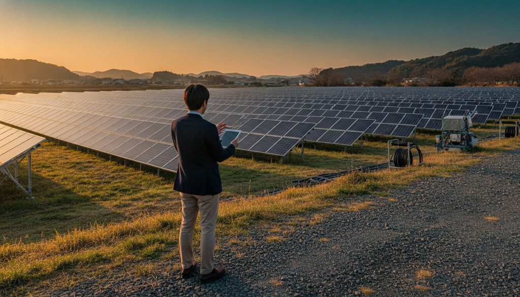 朝日に照らされた太陽光発電所と人の後姿