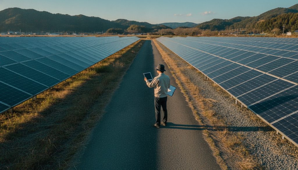 複数の太陽光発電所を比較検討する人物