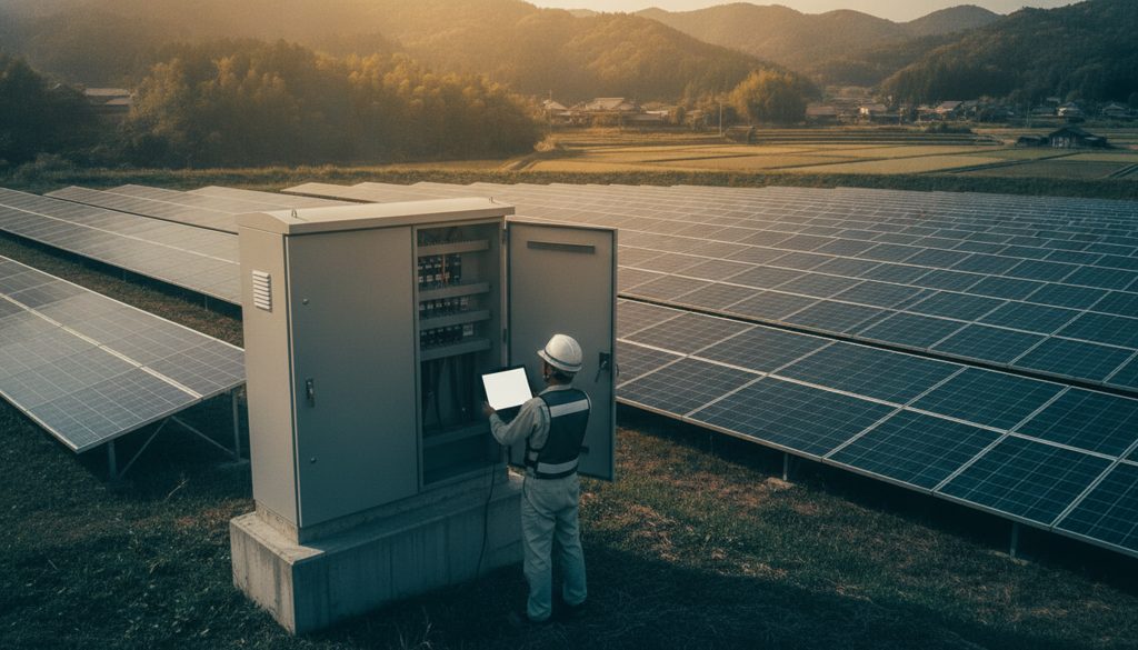 野立て太陽光発電所の配電盤と点検する作業員