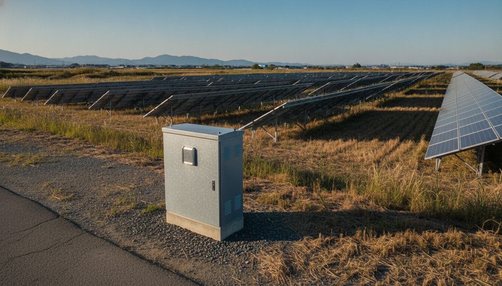 地上設置型太陽光発電所と非常用コンセントを備えた配電盤