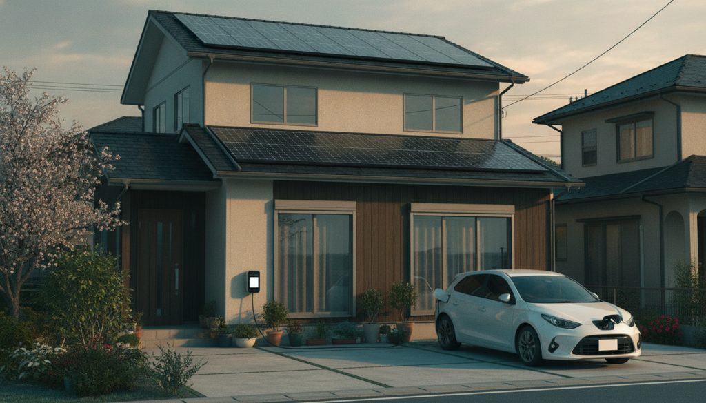 太陽光パネルを設置した住宅と充電中のEV