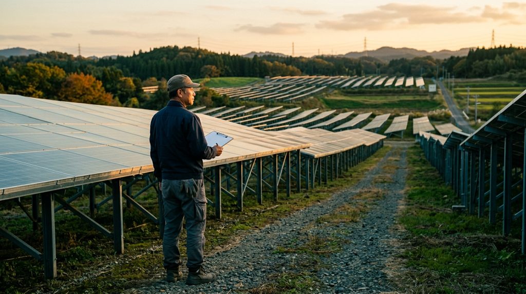 夕暮れの太陽光発電所を視察する男性