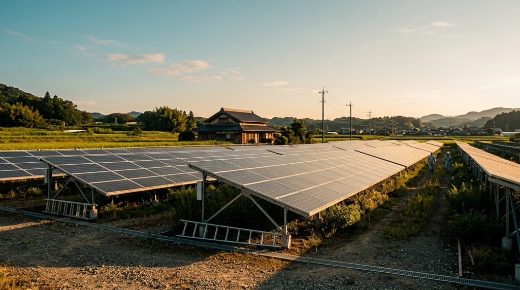太陽光発電所のパネルと遠くに見える民家と電線