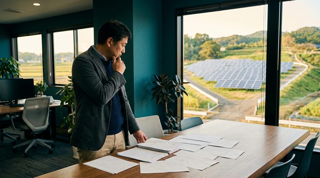 書類を見る投資家と、窓の外に見える太陽光発電所