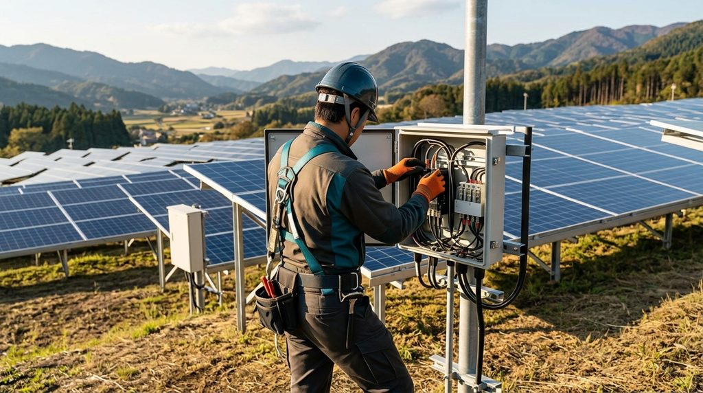 太陽光発電所の接続箱を点検する作業員