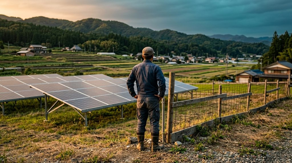 田園地帯の小規模太陽光発電所に立つ作業服の人物の後ろ姿