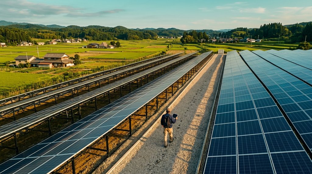 地上設置型太陽光発電所を視察する人物