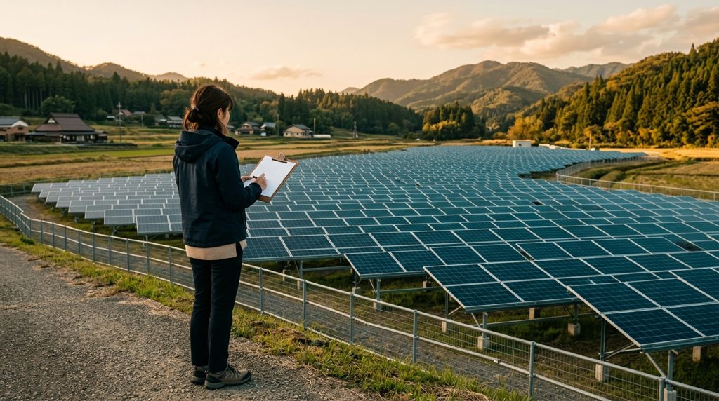 夕暮れの太陽光発電所で書類を見る人物