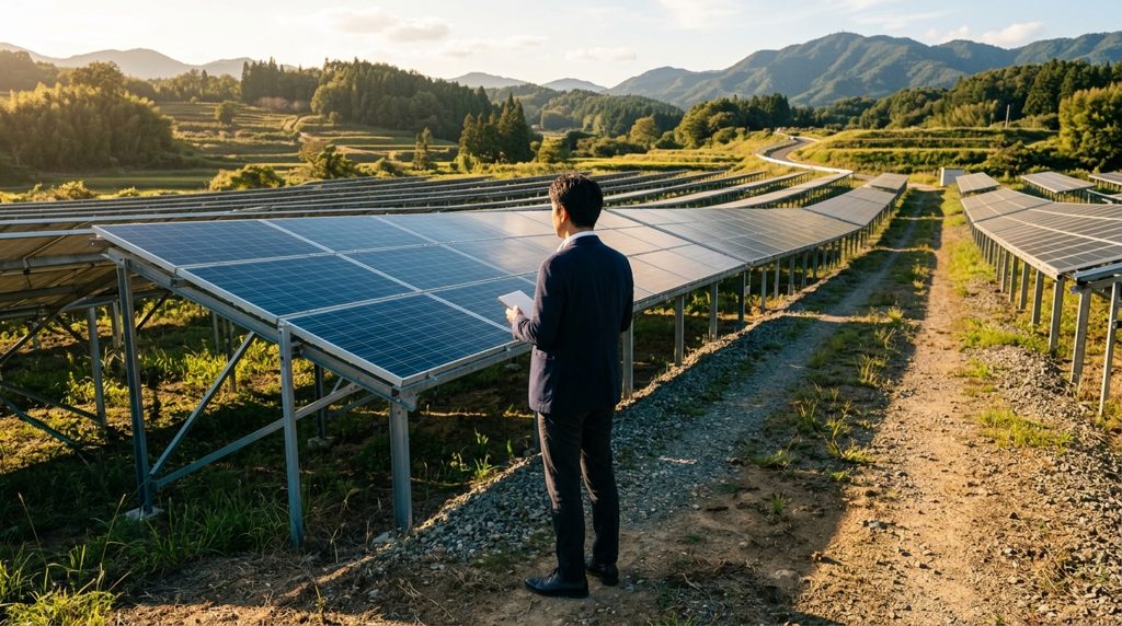 広大な太陽光発電所で熟考する人物の後ろ姿