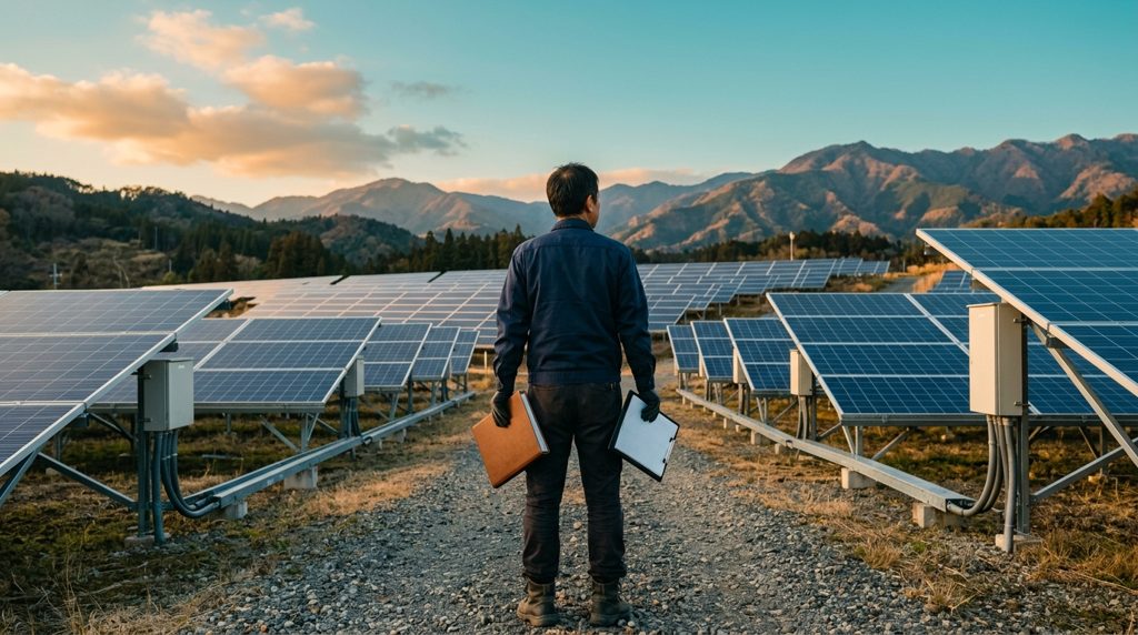 太陽光発電所を背景に二つの書類を検討する人物