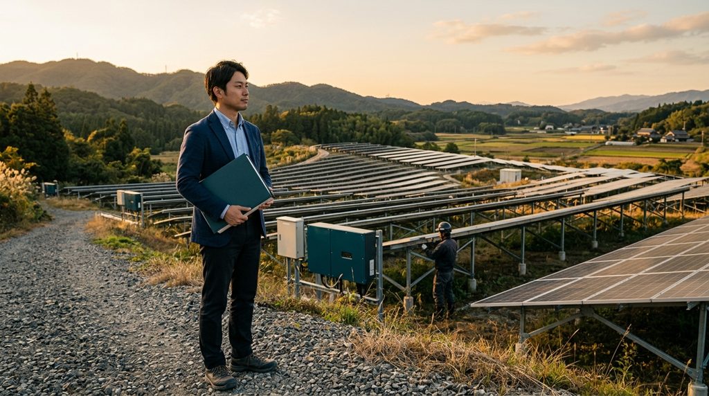 太陽光発電所の傍らで書類を広げる人物