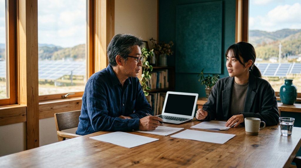 木製のテーブルで書類を見ながら相談する二人