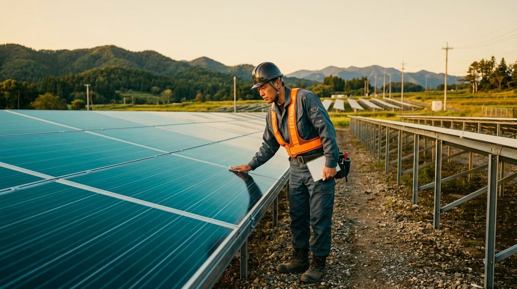 太陽光パネルを点検する作業員と広がる発電所の風景