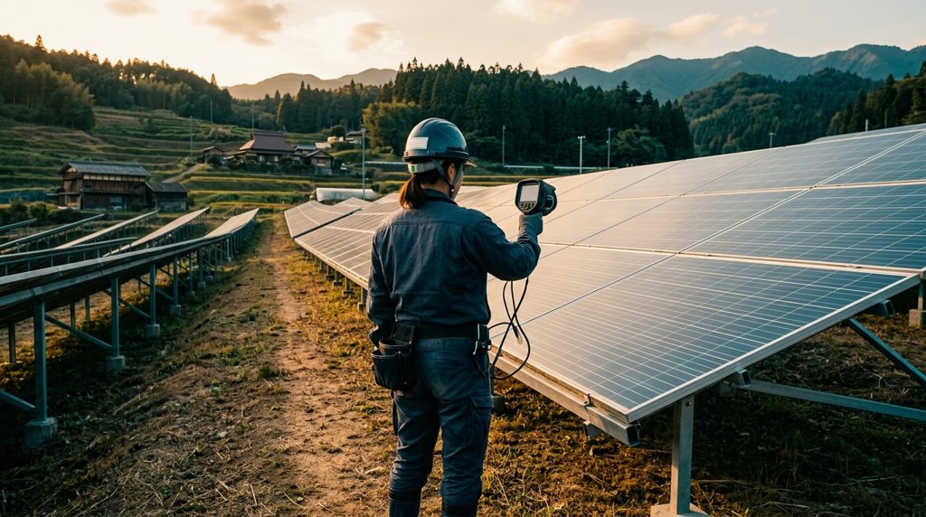 太陽光パネルを専門機器で点検する作業員の後ろ姿