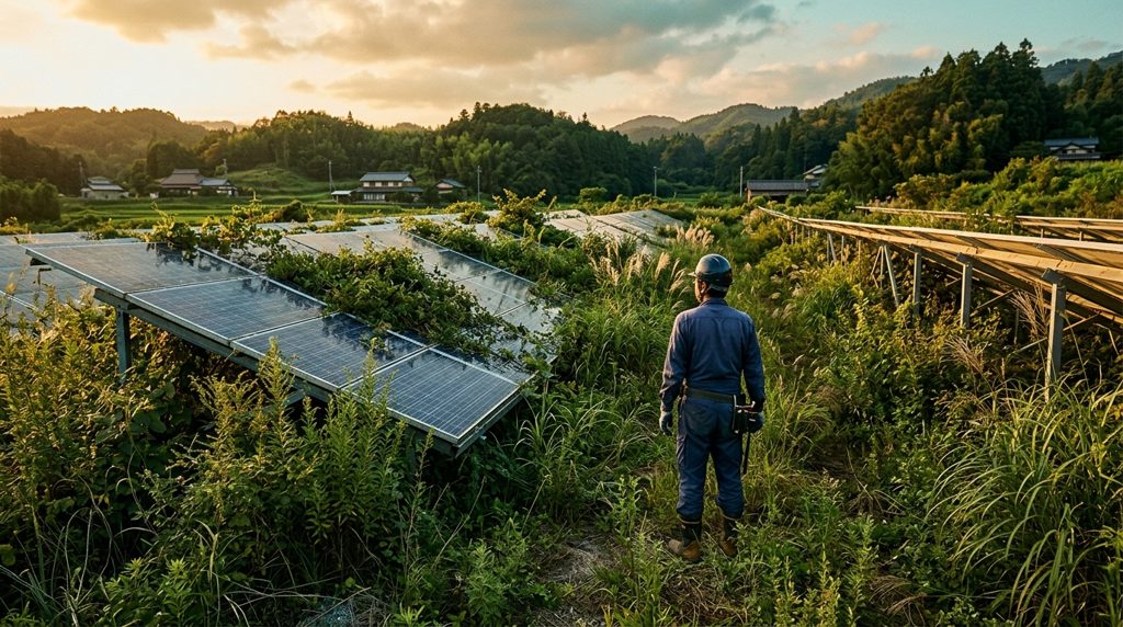 パネル周りに草が生い茂る太陽光発電所