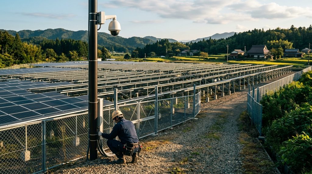 野立て太陽光発電所の防犯カメラと作業員