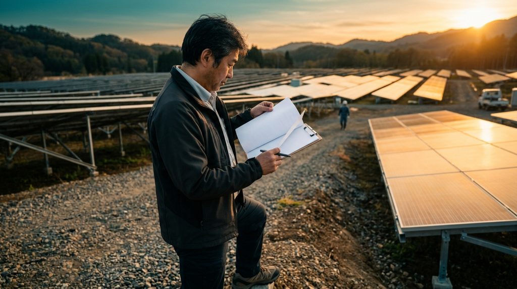 太陽光発電所で書類を確認する人物
