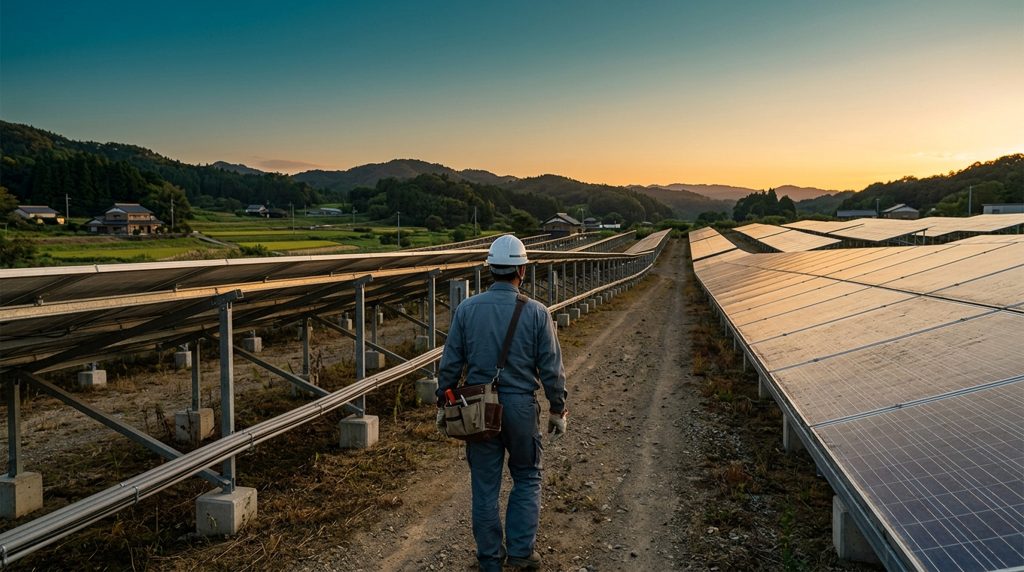 日没近い時間、広大な太陽光発電所を点検する作業員