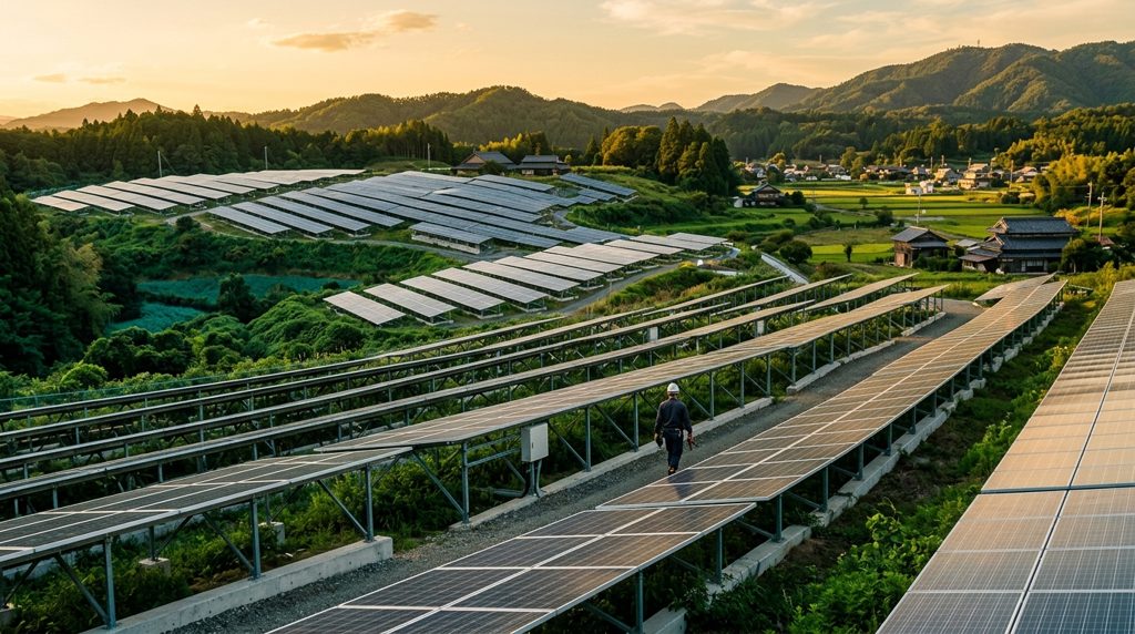 夕陽に輝く日本の広大な太陽光発電所