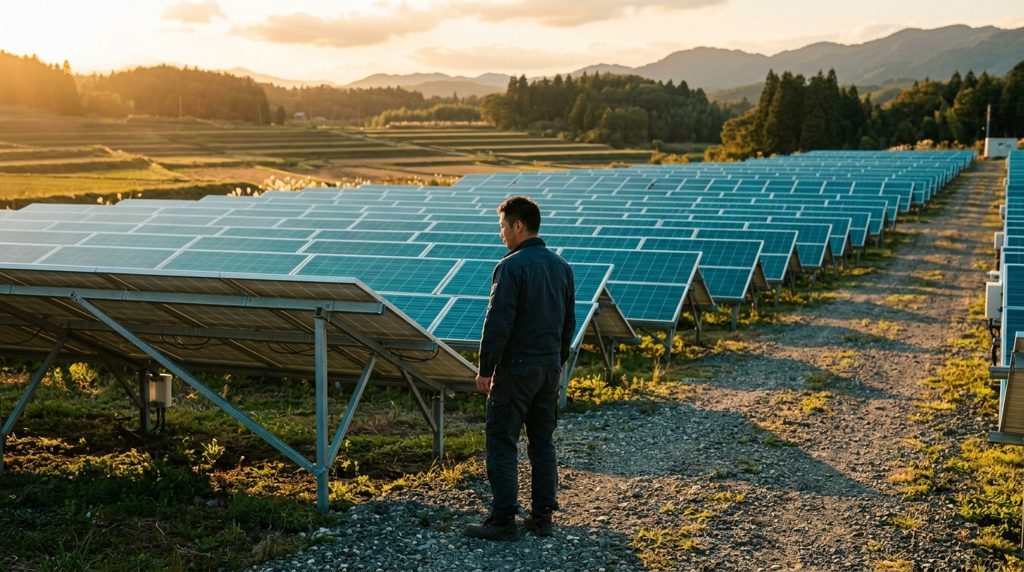太陽光パネルの列の間で後方から発電所を視察する男性