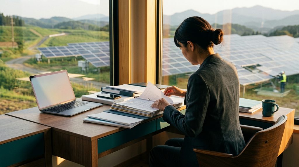 机で太陽光発電関連書類を確認する人物の背中