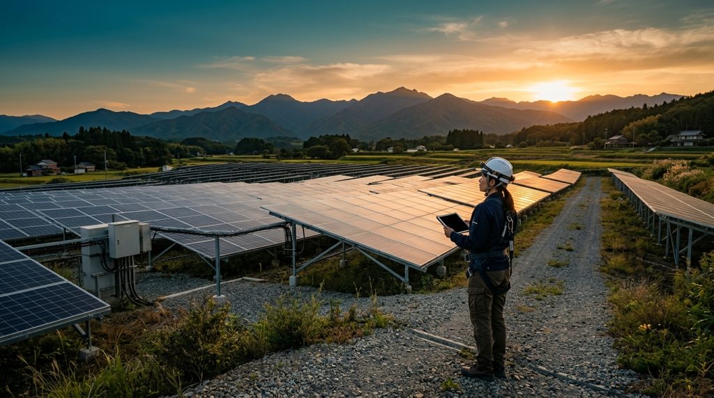 夕焼けに染まる太陽光パネルと、機器を点検する作業員の後ろ姿