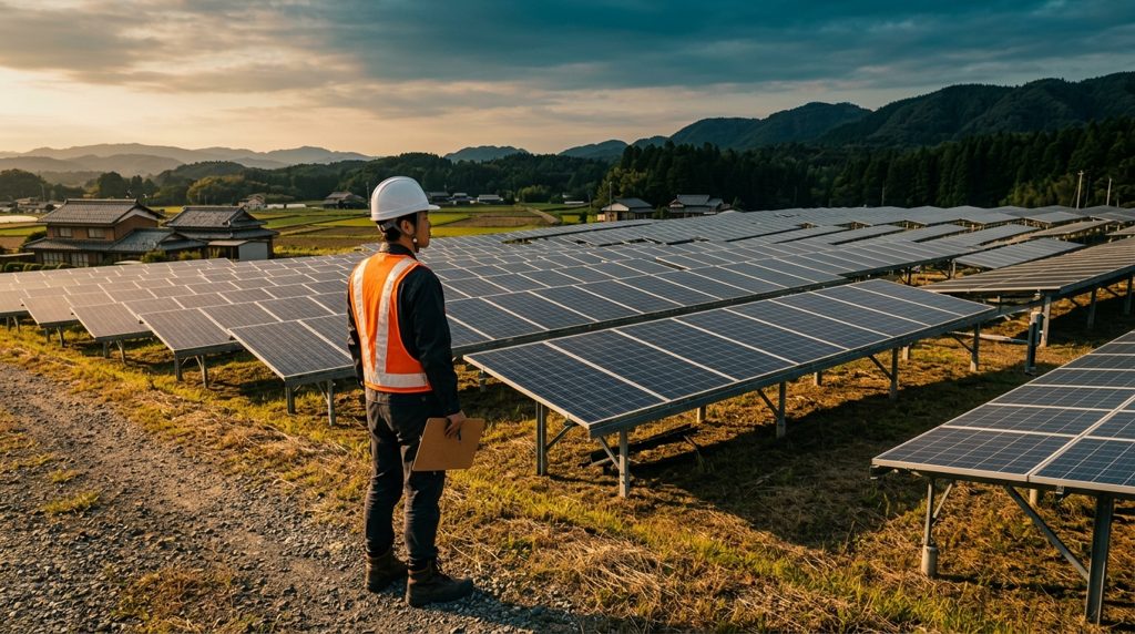 太陽光発電所を点検する作業員