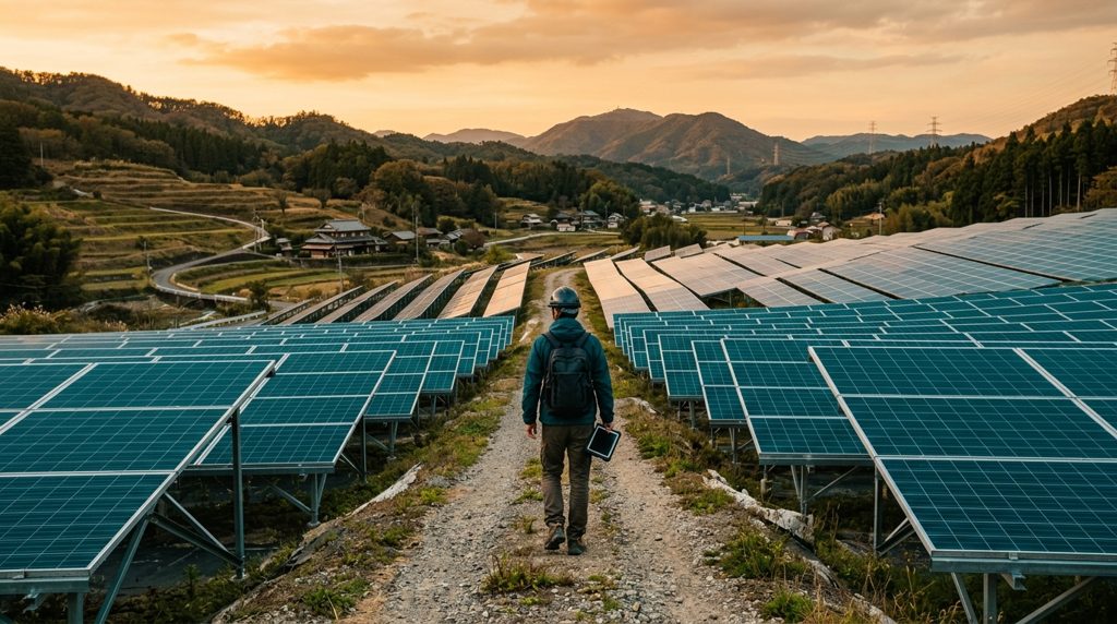 太陽光発電所を歩く人物と遠景