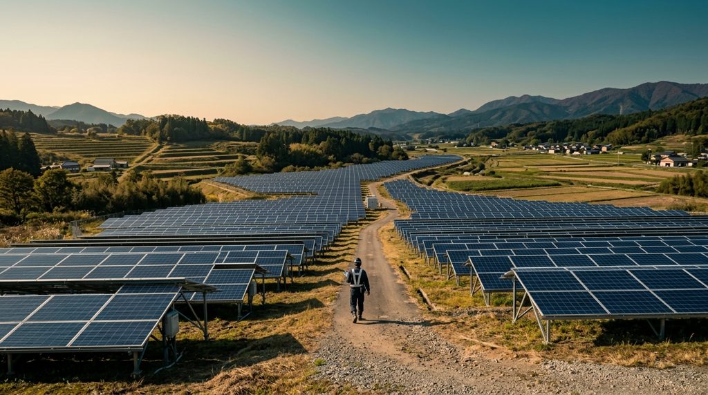広大な太陽光発電所を点検する人の後ろ姿
