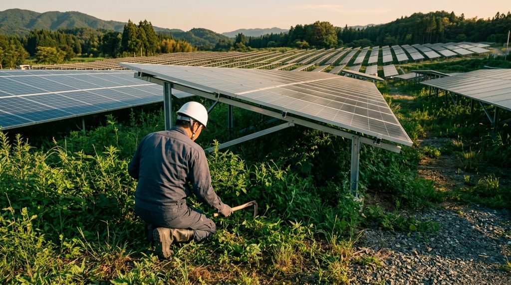 太陽光発電所で保守点検作業をする作業員
