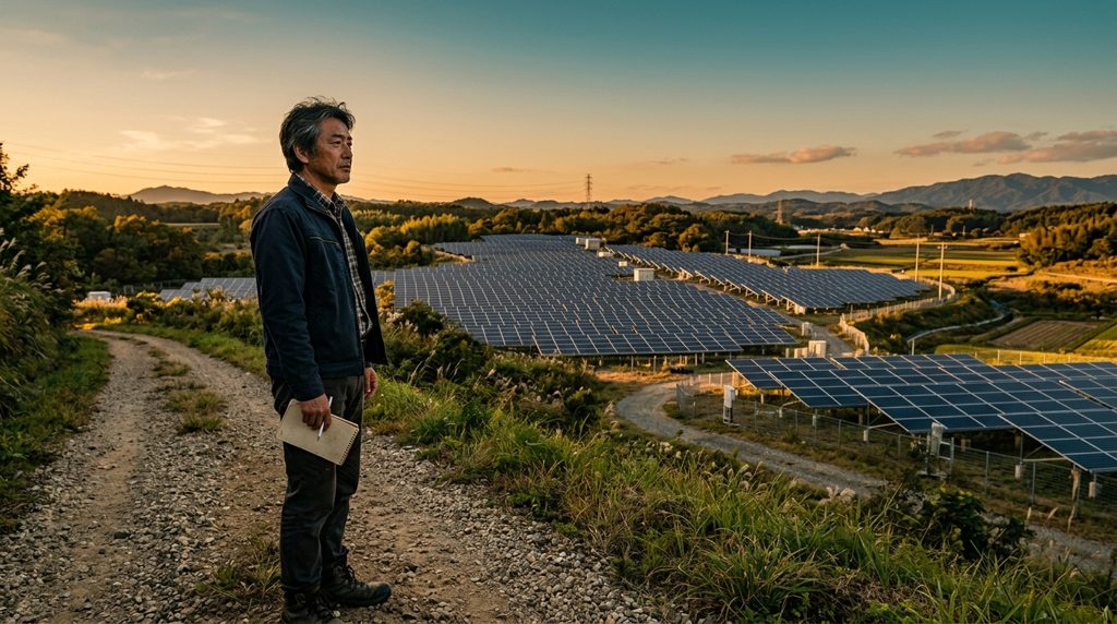 夕暮れの太陽光発電所を検討する男性