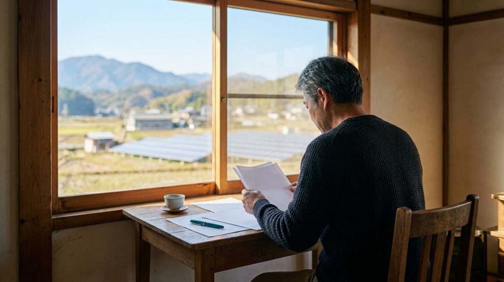 陽光が差す部屋で書類を確認する人