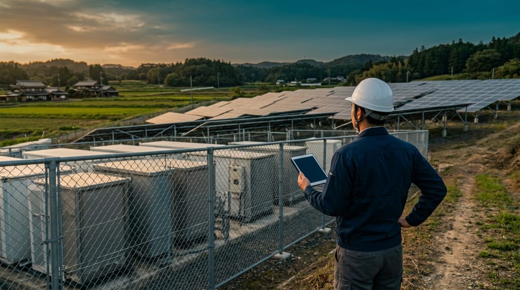 屋外に設置された蓄電池と、広大な太陽光発電所を眺める人の後姿。