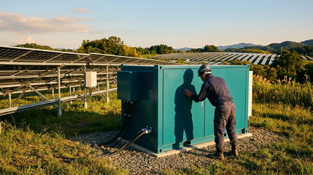 太陽光発電所の蓄電池を点検する作業員