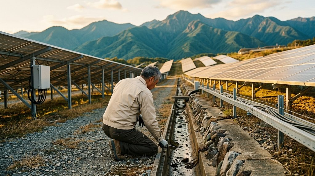屋外の太陽光発電所で排水路を調べる人