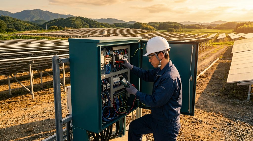 太陽光発電所のインバータ内部を点検する作業員