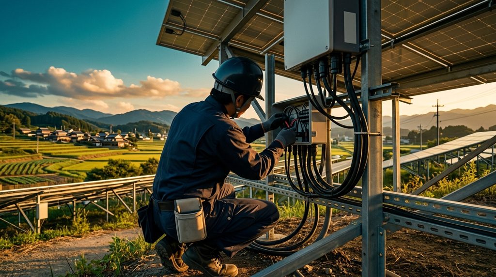 太陽光パネルの下で機器を点検する作業員の後ろ姿