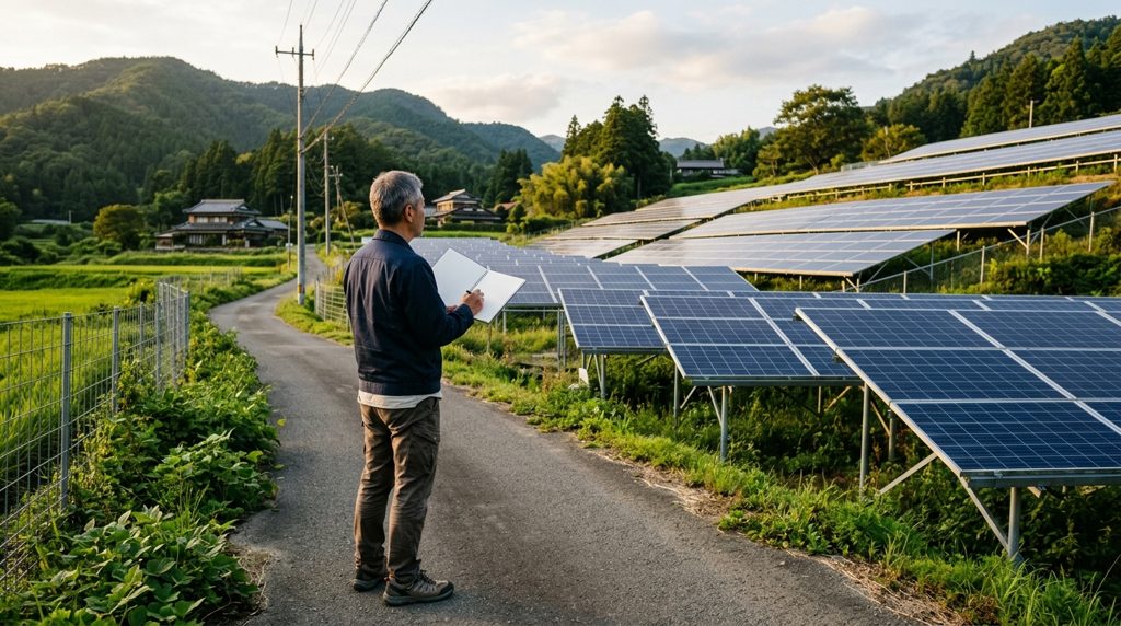 日本郊外の太陽光発電所をノートで確認する投資家
